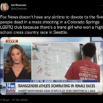 Ari Drennen tweeting about how Fox News devotes no airtime to the shooting in Colorado Springs because they're focusing on a trans girl winning a high school cross country race in Seattle (photo of Caitlin Jenner on Fox News and Seattle Academy).